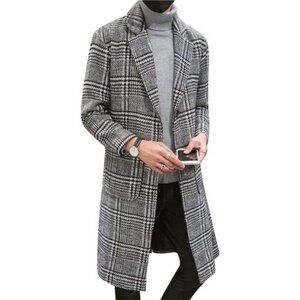 Men's Wool Blend Pea Coat Notched Collar Single Breasted Plaid Black
